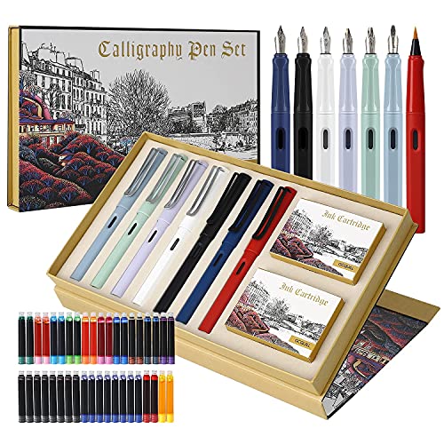 GC QUILL Calligraphy Fountain Pen Set- 7 with Different Nibs and 40 Ink Cartridges for Beginners- MU-09 - Image 1