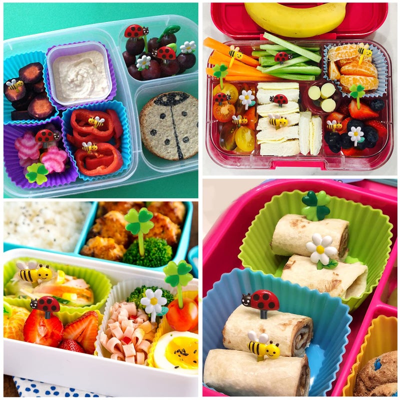 Aiersa Food Picks For Kids Bento Box  16Pcs Reusable Bees  Daisy  Four Leaf Clover  Ladybug Food Fruit Picks  Lunch Bento Box Accessories For Kids - Image 2