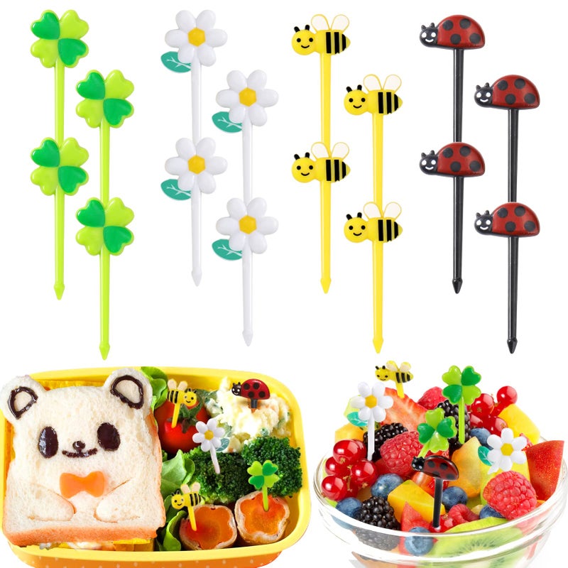Aiersa Food Picks For Kids Bento Box  16Pcs Reusable Bees  Daisy  Four Leaf Clover  Ladybug Food Fruit Picks  Lunch Bento Box Accessories For Kids - Image 1