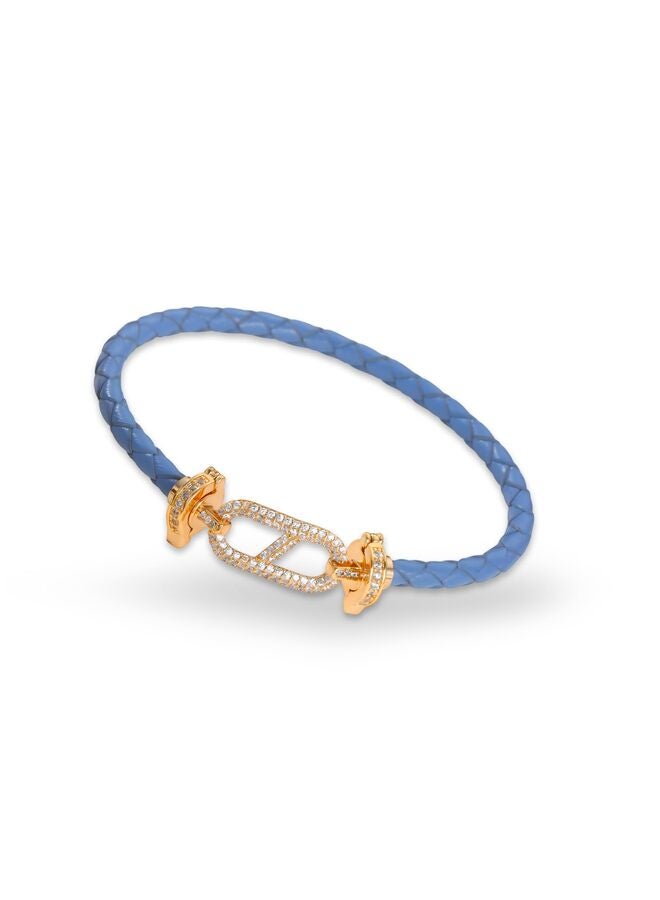 LAMAY Unisex Genuine Leather Braided 17cm Blue Bracelet with Cubic Zirconia - Image 1