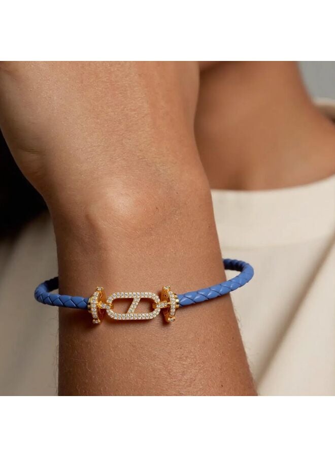 LAMAY Unisex Genuine Leather Braided 17cm Blue Bracelet with Cubic Zirconia - Image 5