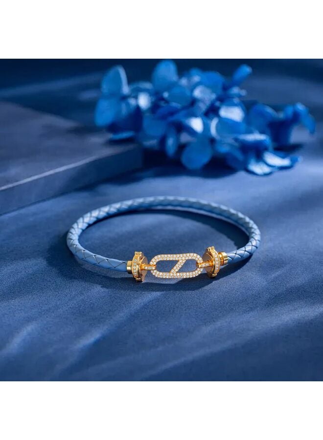 LAMAY Unisex Genuine Leather Braided 17cm Blue Bracelet with Cubic Zirconia - Image 3