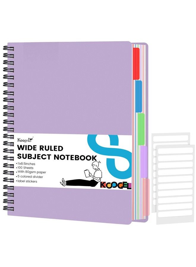 Koogel Hardcover Spiral Notebook with Tabs, 8.5x11inch College Ruled Journals with Deviders Subject Project Spiral Notebook Perforated Edges for School Office, Purple - Image 1