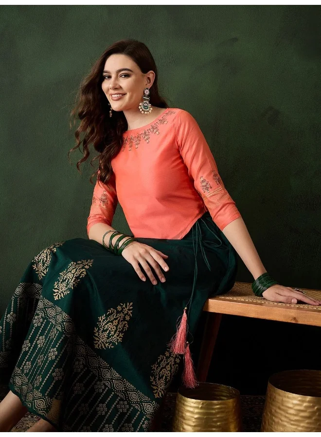 أيه كيه إس Peach & Green Gold Block printed Lehenga Choli