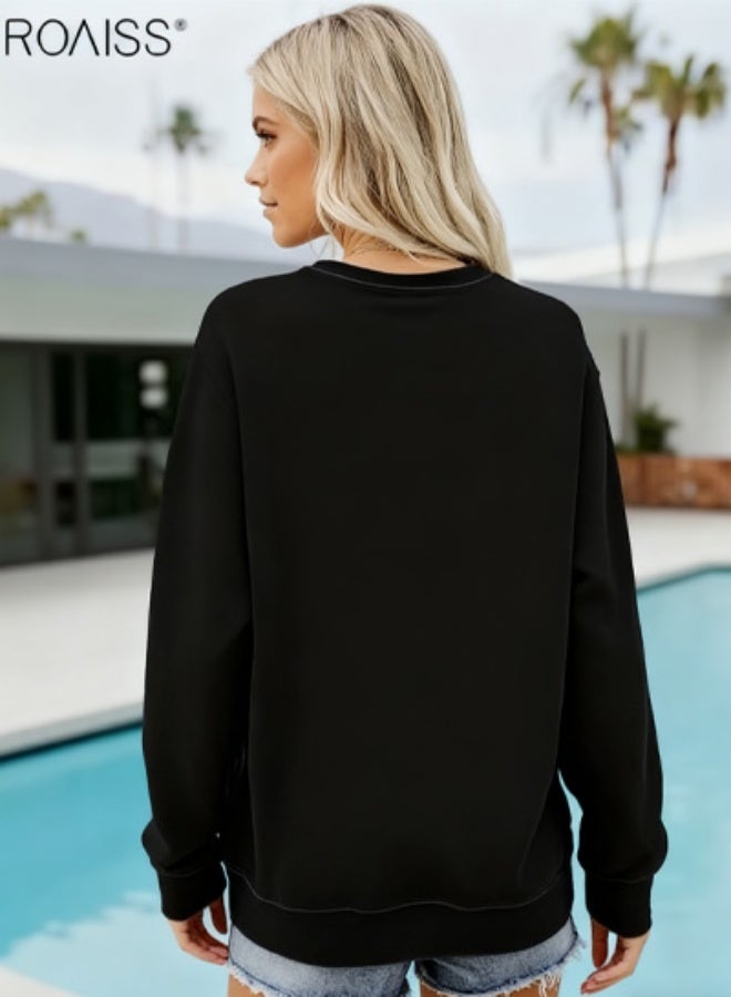 رويس سويت شيرت نسائي بمقاس كبير مطبوع عليه حروف، مقاس كبير، مريح، نسيج رمادي فاتح، بلوفر ناعم برقبة دائرية، قابل للتهوية ومريح للخريف والشتاء - Image 3