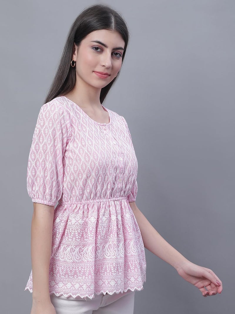 Indian Needle توب إمبراطوري من قطن تشيكانكاري للنساء من جينيش بأكمام قصيرة - Image 3