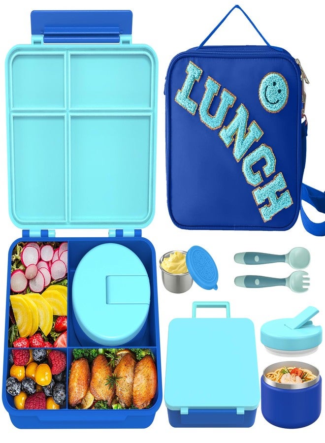 Aimsnk Kids Bento Lunch Box with 8oz Soup Thermo, Kids Leakproof Lunch Food Containers with 4 Compartment, Kids Insulated Hot Food Jar with Lunch Bag for School, Trvael(Blue) - Image 1