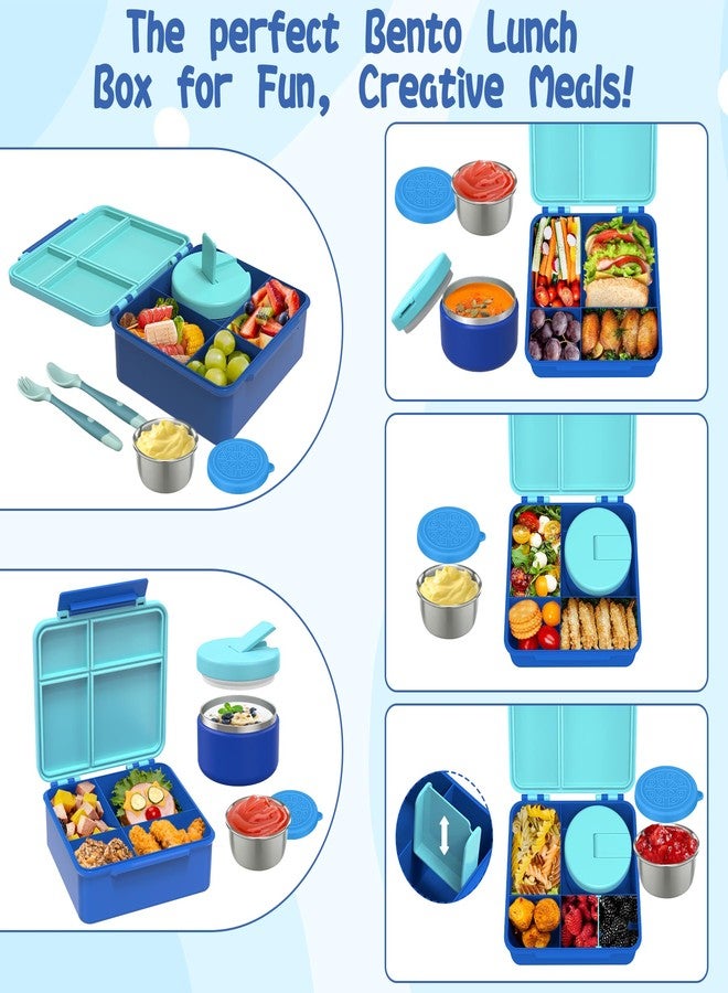 Aimsnk Kids Bento Lunch Box with 8oz Soup Thermo, Kids Leakproof Lunch Food Containers with 4 Compartment, Kids Insulated Hot Food Jar with Lunch Bag for School, Trvael(Blue) - Image 3
