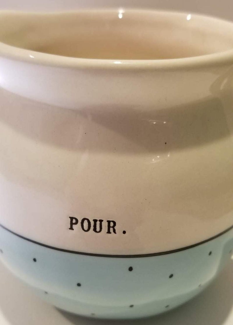 Rae Dunn by Magenta typeset POUR creamer pitcher with lower half blue with polka dots