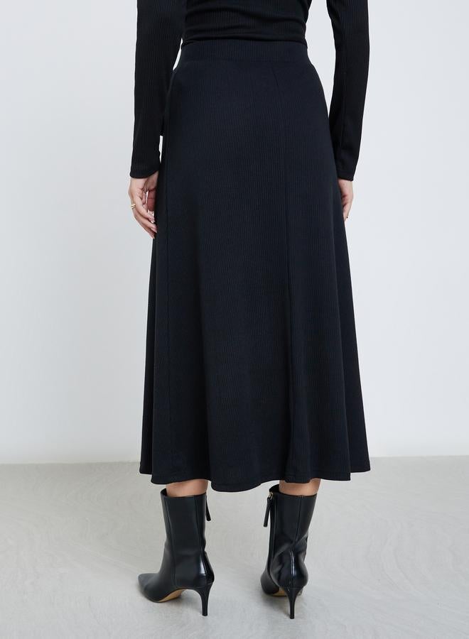Styli Black Ribbed A-Line Midi Skirt - Image 4