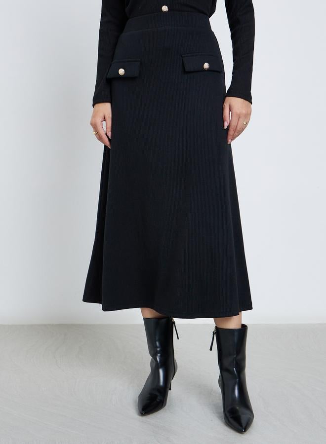 Styli Black Ribbed A-Line Midi Skirt - Image 2