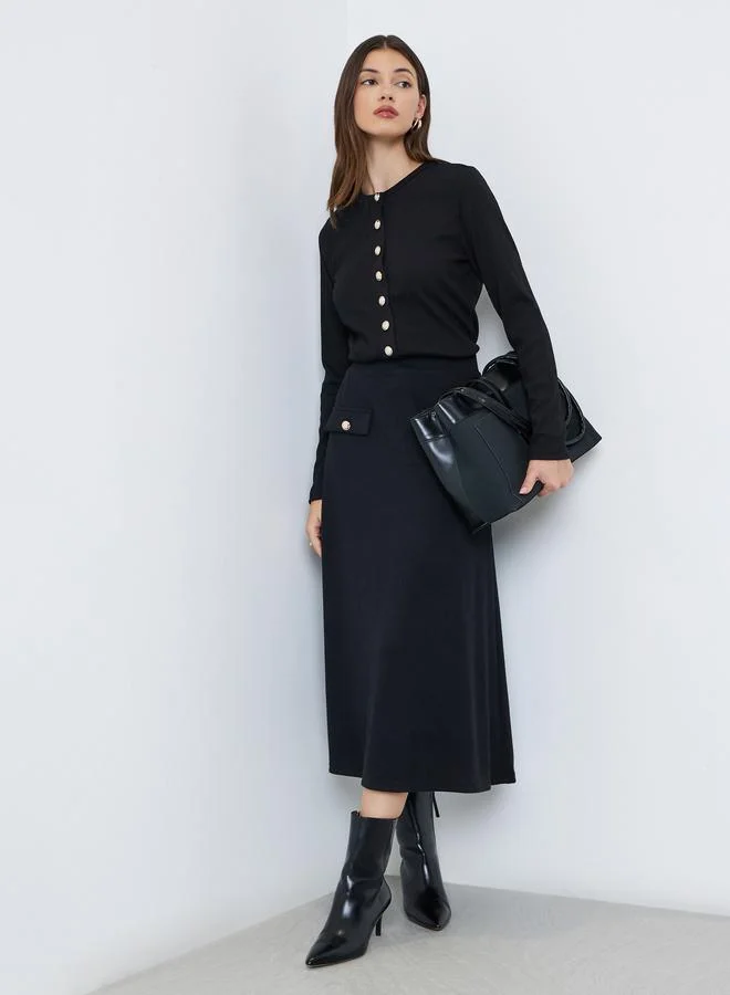 Styli Black Ribbed A-Line Midi Skirt