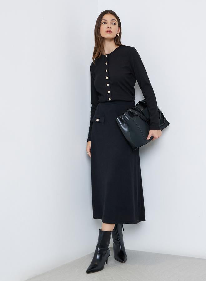 Styli Black Ribbed A-Line Midi Skirt - Image 1