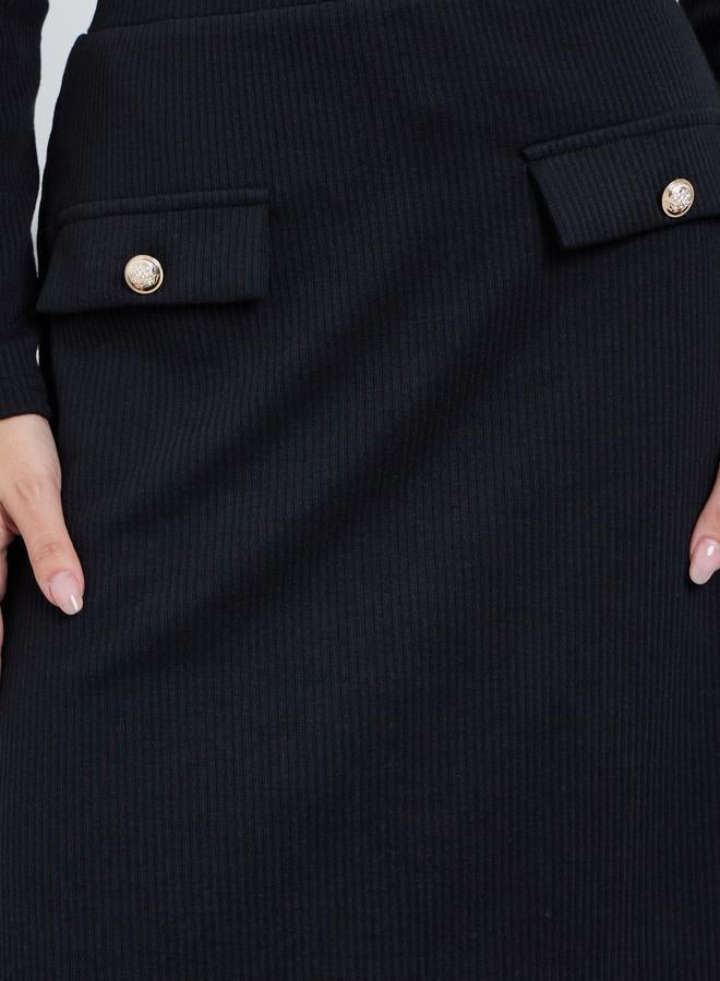 Styli Black Ribbed A-Line Midi Skirt - Image 3