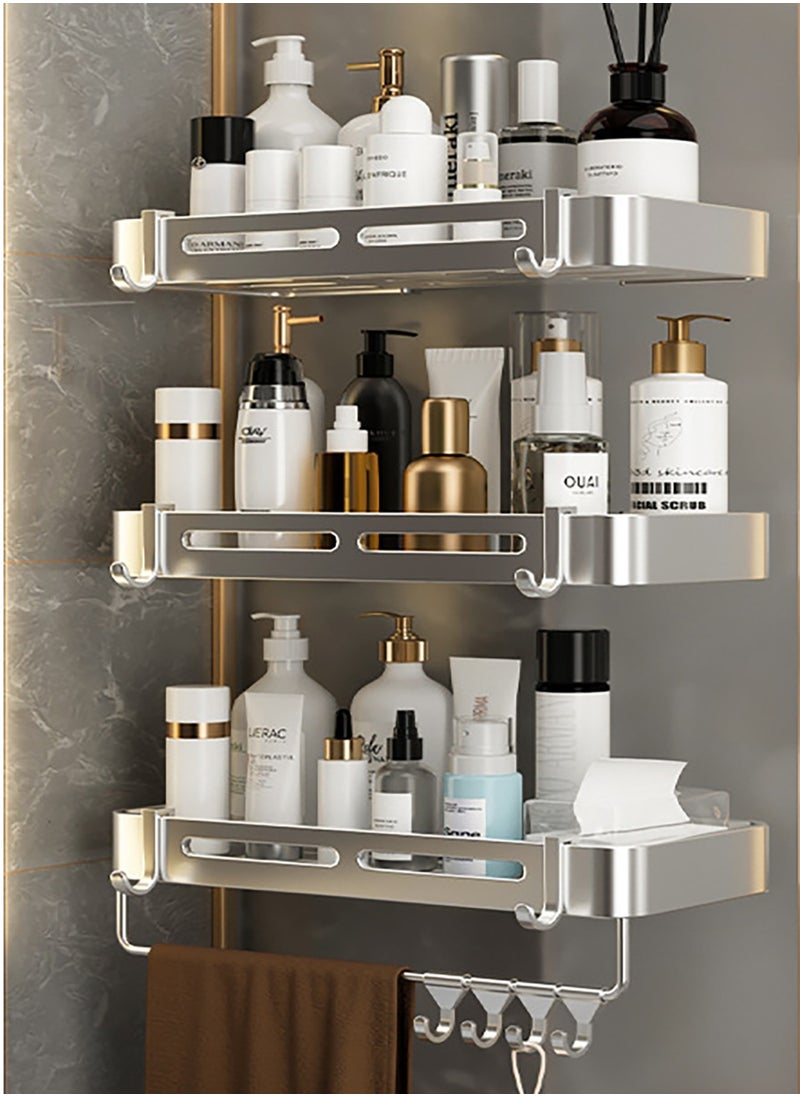 Jorunb - 3 Pack Bathroom Shelves with 10 Hooks and Towel Bar, Aluminum Rustproof Bathroom Storage Organizer Shelf Shower Caddy Rack, Bathroom Shower Baskets WallShelves Basket for Bathroom Kitchen (Rectangle) - Image 1