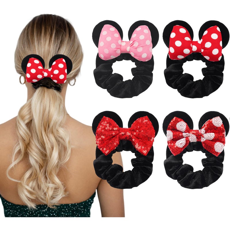 CellElection 4 Pack Mouse Ears Scrunchies Polka Dot Bows Mouse Bows Hair Scrunchies Hair Ties Elastic Rubber Bands Ponytail Holders for Kids Women Girls - Image 1