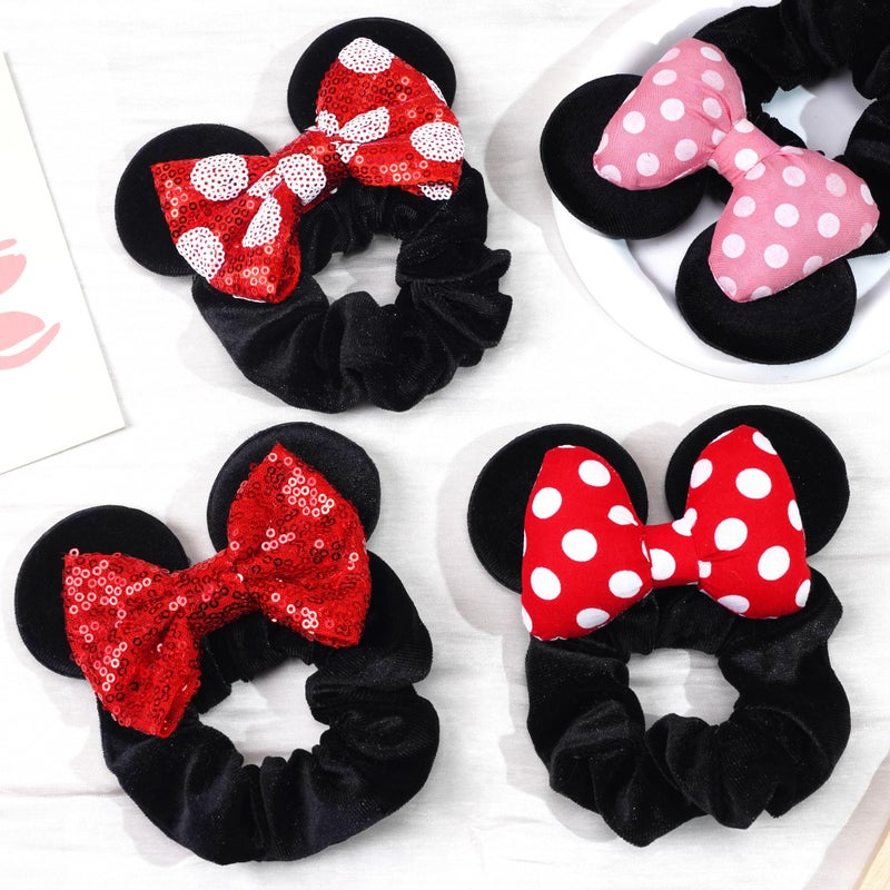 CellElection 4 Pack Mouse Ears Scrunchies Polka Dot Bows Mouse Bows Hair Scrunchies Hair Ties Elastic Rubber Bands Ponytail Holders for Kids Women Girls - Image 2