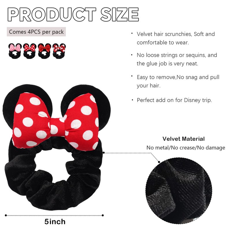 CellElection 4 Pack Mouse Ears Scrunchies Polka Dot Bows Mouse Bows Hair Scrunchies Hair Ties Elastic Rubber Bands Ponytail Holders for Kids Women Girls - Image 4