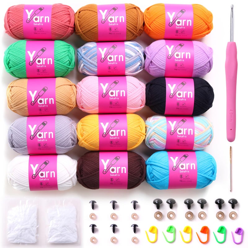 Sekafris 15 Pack Crochet Yarn Beginner - Black, White, Orange, Red, Green, Pink, Yellow Cotton Chunky Yarn - Easy-to-See Stitches for Crocheting (15 * 50g) - Image 1