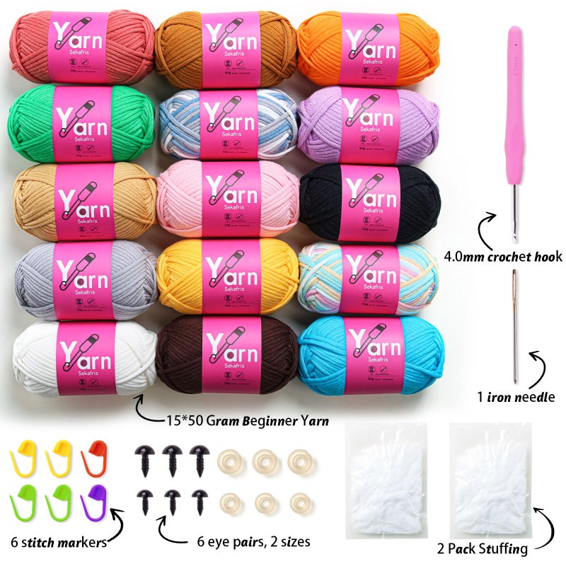 Sekafris 15 Pack Crochet Yarn Beginner - Black, White, Orange, Red, Green, Pink, Yellow Cotton Chunky Yarn - Easy-to-See Stitches for Crocheting (15 * 50g) - Image 2