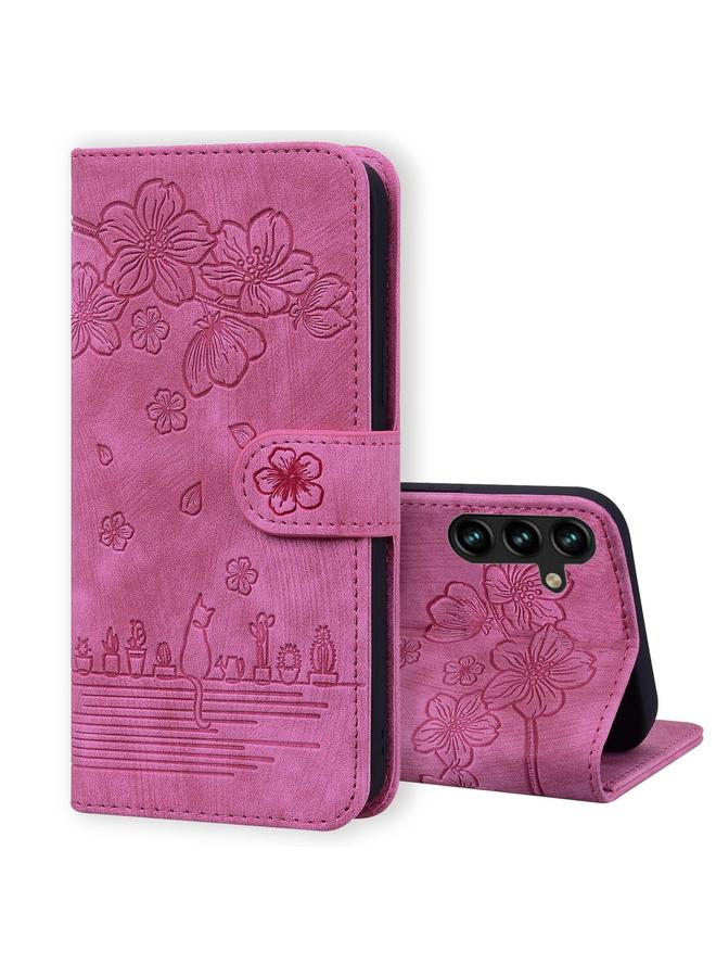 S-TOP Case For Samsung Galaxy S23 FE 5G Cartoon Sakura Cat Embossed Leather Phone Case - Image 1