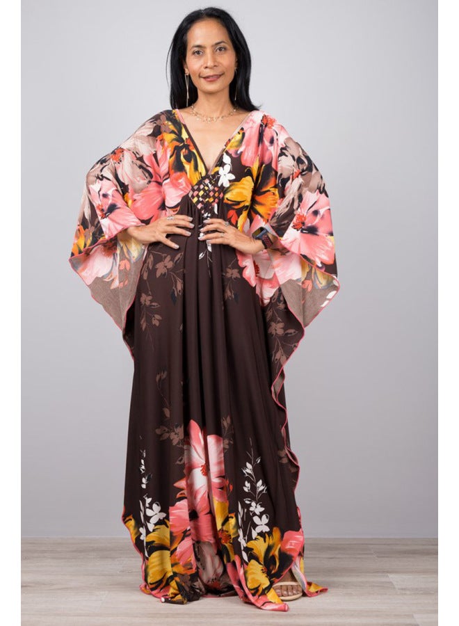 إسكدنيا تنورة شاطئ أوروبية وأمريكية طويلة وفضفاضة بالإضافة إلى مقاس كبير، بي، لباس خارجي، بلوزة، تنورة ملفوفة، حجاب، ملابس للحماية من الشمس - اللون: 78693-6، قاعدة القهوة، مقاس زهرة كبيرة: مقاس موحد - Image 1