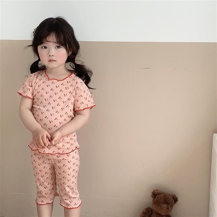 Girls Summer Silky Pajama Set Sweet Floral Pink Cherry 