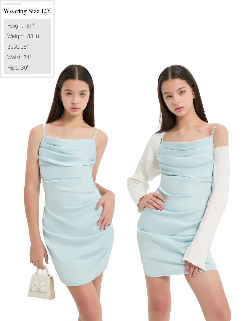 EXARUS Girls Bodycon Dress Pre Teen Ruched Formal Dance Evening Party Dresses Tween Mini Spaghetti Strap Satin Cowl Neck Short Tight Fitted Pencil Light Cyan 10Y - Image 5