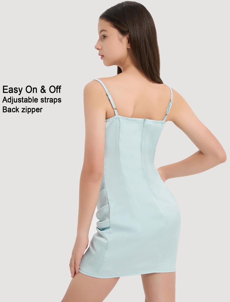 EXARUS Girls Bodycon Dress Pre Teen Ruched Formal Dance Evening Party Dresses Tween Mini Spaghetti Strap Satin Cowl Neck Short Tight Fitted Pencil Light Cyan 10Y - Image 4