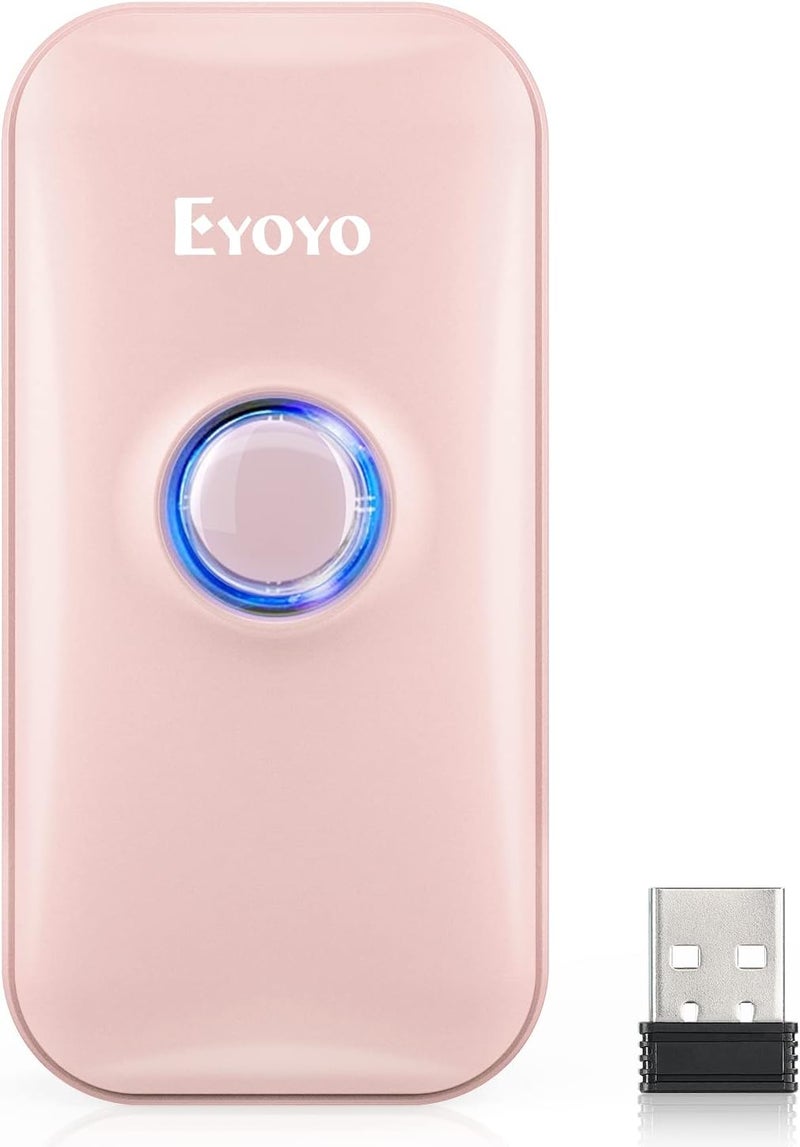 EYOYO ماسح الباركود البلوتوث المصغر 1D، 3 في 1 بلوتوث وUSB سلكي و2.4G لاسلكي، قارئ باركود محمول يعمل مع ويندوز، أندرويد، iOS، الأجهزة اللوحية أو الكمبيوترات (وردي) - Image 1