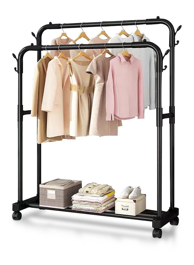 قف علاقة ملابس، علاقة ملابس مزدوجة القطب 110 متر، علاقة ملابس شديدة التحمل مع قاعدة، مناسبة لتخزين الملابس أو الأحذية، تصميم عجلة مستقلة، مناسبة لغرف النوم وغرف الغسيل، لون أسود. - Image 1