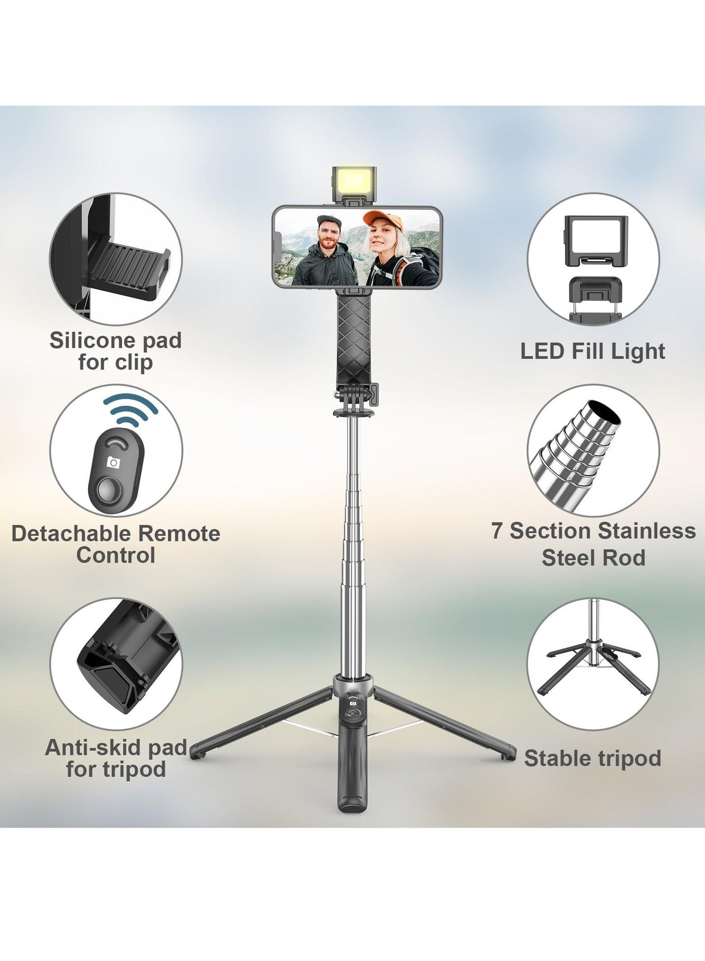 40 Selfie Stick Tripod with LED Fill Light Extendable Travel Essential Phone Tripod Upgrade Cell Phone quadpods with Wireless Remote Portable Lightweight Phone Tripod for iPhone or Android Black