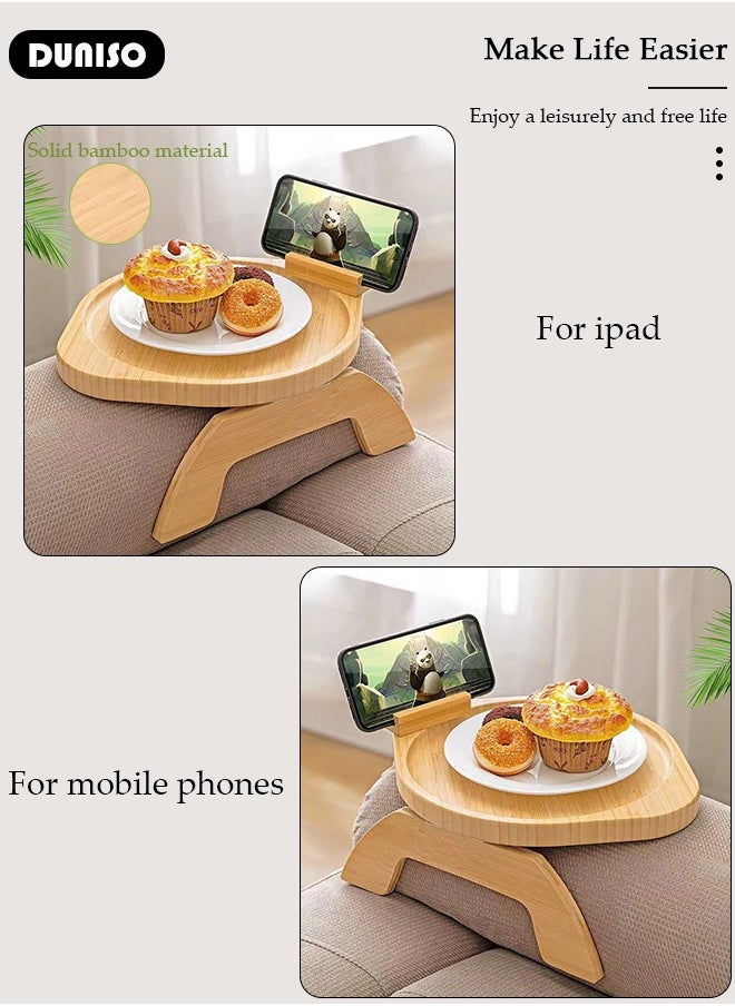 DUNISO - Sofa Tray with Rotating Mobile Phone Holder, Wooden Bamboo Couch Tray Armrest, Foldable Clip On Sofa Tray for Wide Sofas, Non-Slip Couch Armrest Table as Sofa Drink Holder Shelf - Image 1