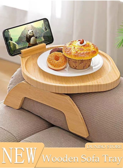Sofa Tray with Rotating Mobile Phone Holder, Wooden Bamboo Couch Tray Armrest, Foldable Clip On Sofa Tray for Wide Sofas, Non-Slip Couch Armrest Table as Sofa Drink Holder Shelf