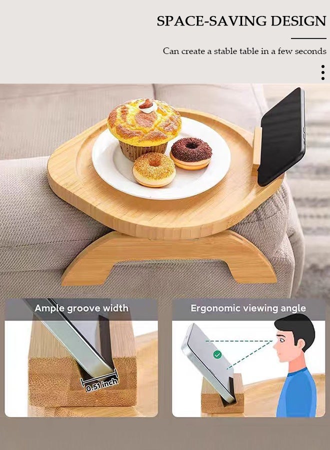 DUNISO صينية أريكة مع حامل دوار للهاتف المحمول، صينية أريكة خشبية من الخيزران، صينية أريكة قابلة للطي ومشبك للأرائك العريضة، طاولة مسند ذراع أريكة غير قابلة للانزلاق كرف حامل مشروبات للأريكة - Image 3