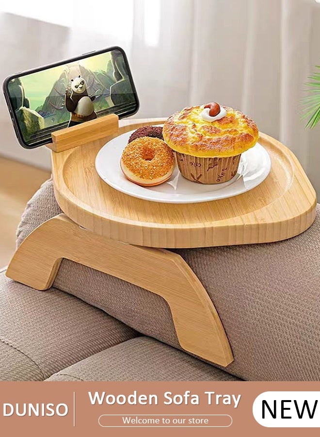 DUNISO صينية أريكة مع حامل دوار للهاتف المحمول، صينية أريكة خشبية من الخيزران، صينية أريكة قابلة للطي ومشبك للأرائك العريضة، طاولة مسند ذراع أريكة غير قابلة للانزلاق كرف حامل مشروبات للأريكة - Image 1