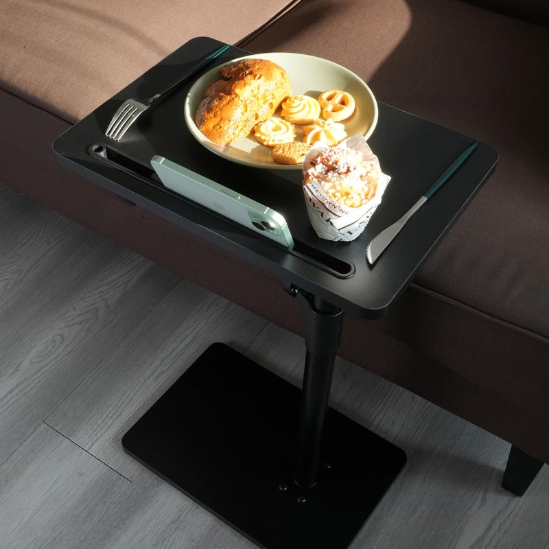 YUHFERA Sofa Armrest Tray Table for Couch - 360Â° Swivel Height Adjustable End for Small Spaces, Snack Side Table for Bed or Chair with Phone & Tablet Slot (Black,Standard) - Image 4