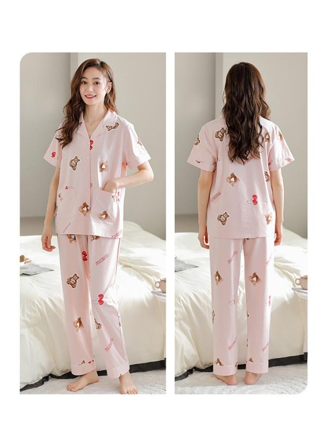 Women Cotton Pajamas Set Short Sleeve Long Pants Loose Casual Homewear Outfit - Image 2