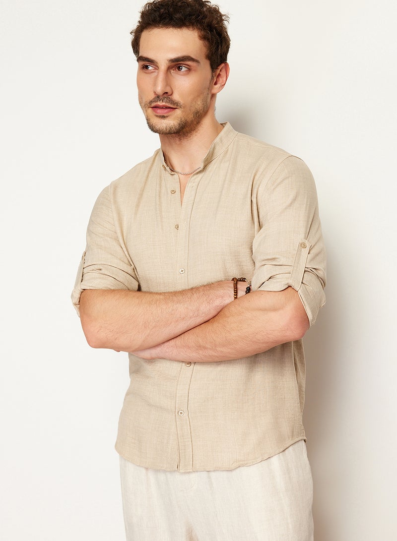 trendyol Stone Slim Fit Prevailing Collar Comfortable Linen Look Shirt Tmnss24Go00031 - Image 3