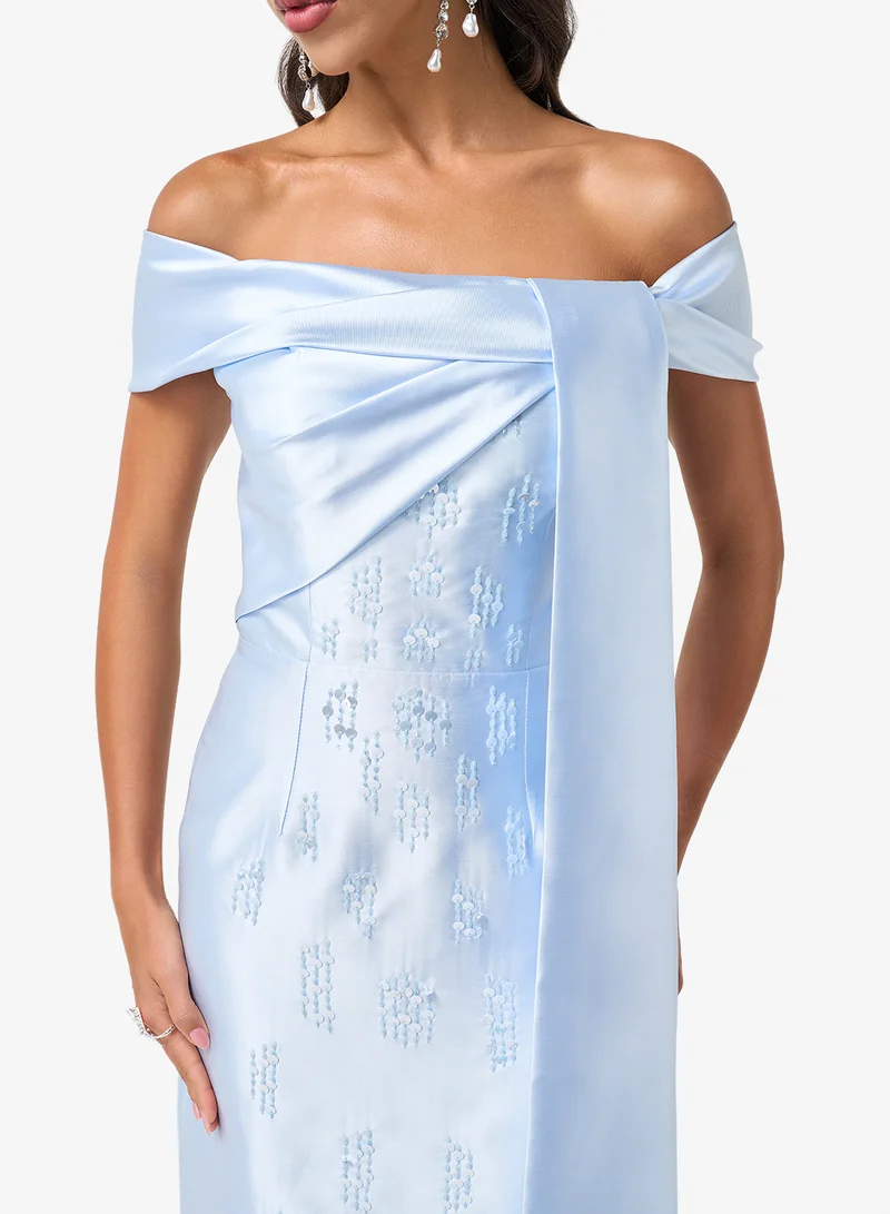 Threadz by Ajooni  Off Shoulder Knot Detail Maxi Dress for Women | Best Price UAE