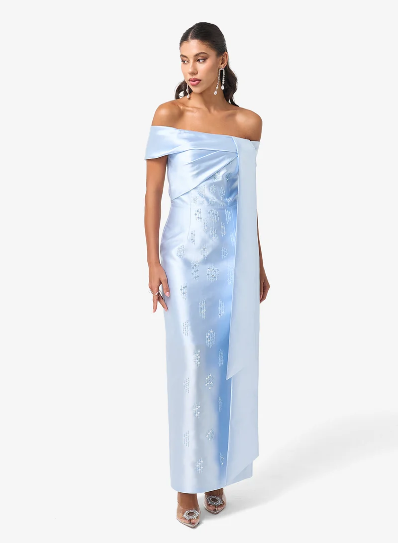 Threadz by Ajooni  Off Shoulder Knot Detail Maxi Dress for Women | Best Price UAE