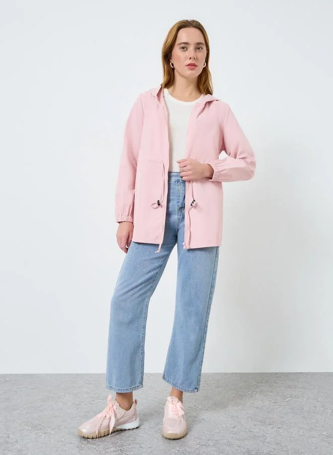 Take Two Women Solid Zip Up Drawstring Waist Hooded Jacket