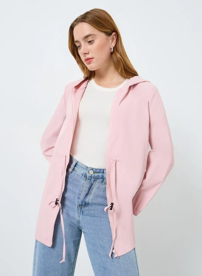 Take Two Women Solid Zip Up Drawstring Waist Hooded Jacket