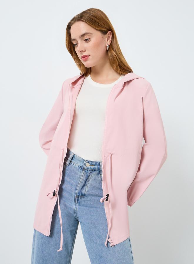 تايك تو جاكيت سادة بسحاب ورباط عند الخصر بياقة هودي - Image 1