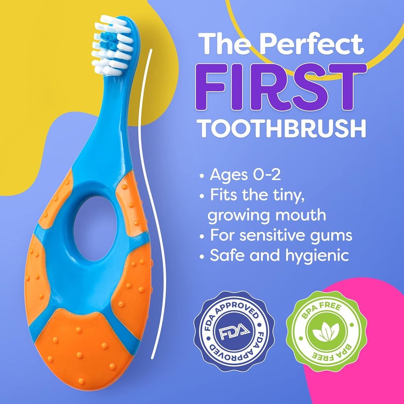 Trueocity Baby Toothbrush 12 months and up - Toddler Toothbrush - Soft Bristles - Child Sized Brush Heads - infant toothbrush - Kids Tooth Brush - Easy Storage - BPA Free - Boy Set (4-Pack, Green, Orange, Blue) - Image 3