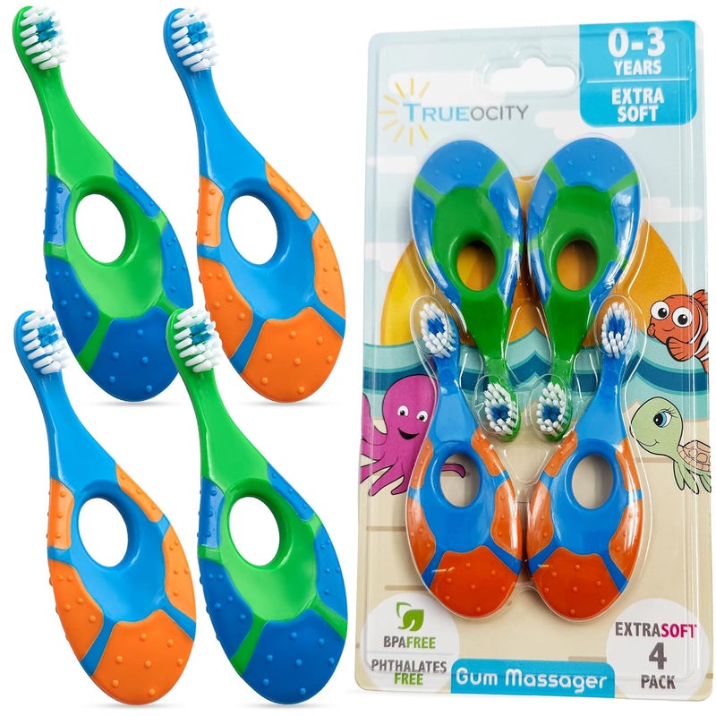 Trueocity Baby Toothbrush 12 months and up - Toddler Toothbrush - Soft Bristles - Child Sized Brush Heads - infant toothbrush - Kids Tooth Brush - Easy Storage - BPA Free - Boy Set (4-Pack, Green, Orange, Blue) - Image 1