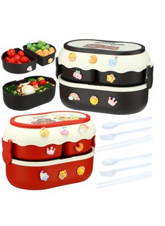 2 Pcs Kawaii Bento Box Leakproof Stackable Lunch Container with 3 Compartments Portable Preschool Lunch Box Container with Handle Microwave Safe Lunchbox Snack Food Box with Stickers for Kids Picnic