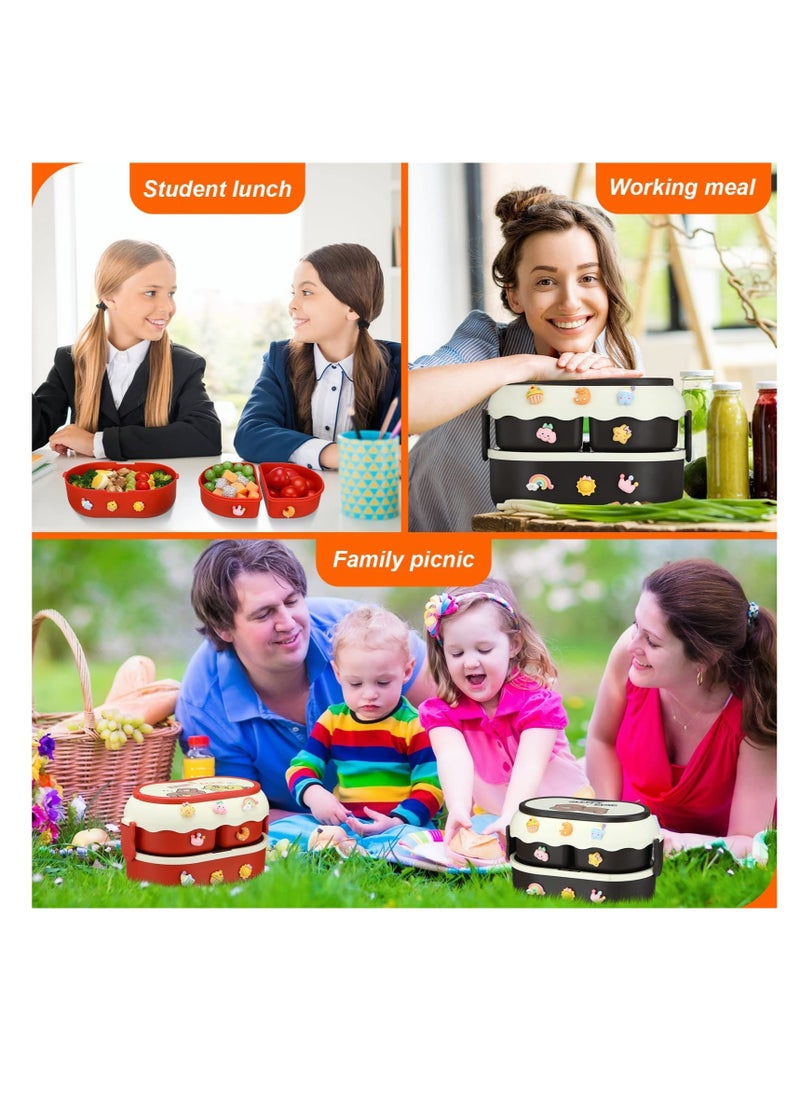 SYOSI - 2 Pcs Kawaii Bento Box Leakproof Stackable Lunch Container with 3 Compartments Portable Preschool Lunch Box Container with Handle Microwave Safe Lunchbox Snack Food Box with Stickers for Kids Picnic - Image 1