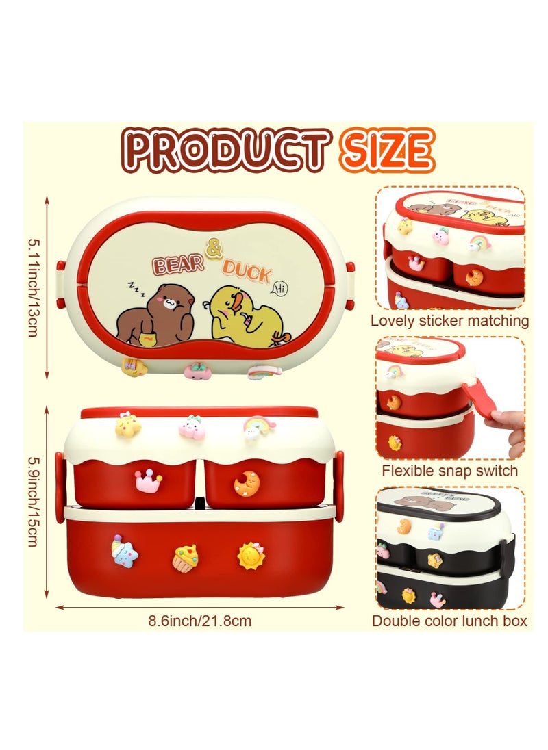 SYOSI - 2 Pcs Kawaii Bento Box Leakproof Stackable Lunch Container with 3 Compartments Portable Preschool Lunch Box Container with Handle Microwave Safe Lunchbox Snack Food Box with Stickers for Kids Picnic - Image 1