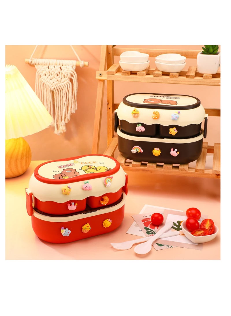 SYOSI - 2 Pcs Kawaii Bento Box Leakproof Stackable Lunch Container with 3 Compartments Portable Preschool Lunch Box Container with Handle Microwave Safe Lunchbox Snack Food Box with Stickers for Kids Picnic - Image 1
